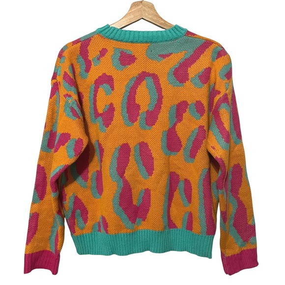 Cider Orange Pink Leopard Print Knit‎ Sweater Animal Print Colorful Neon Jumper - Picture 5 of 13